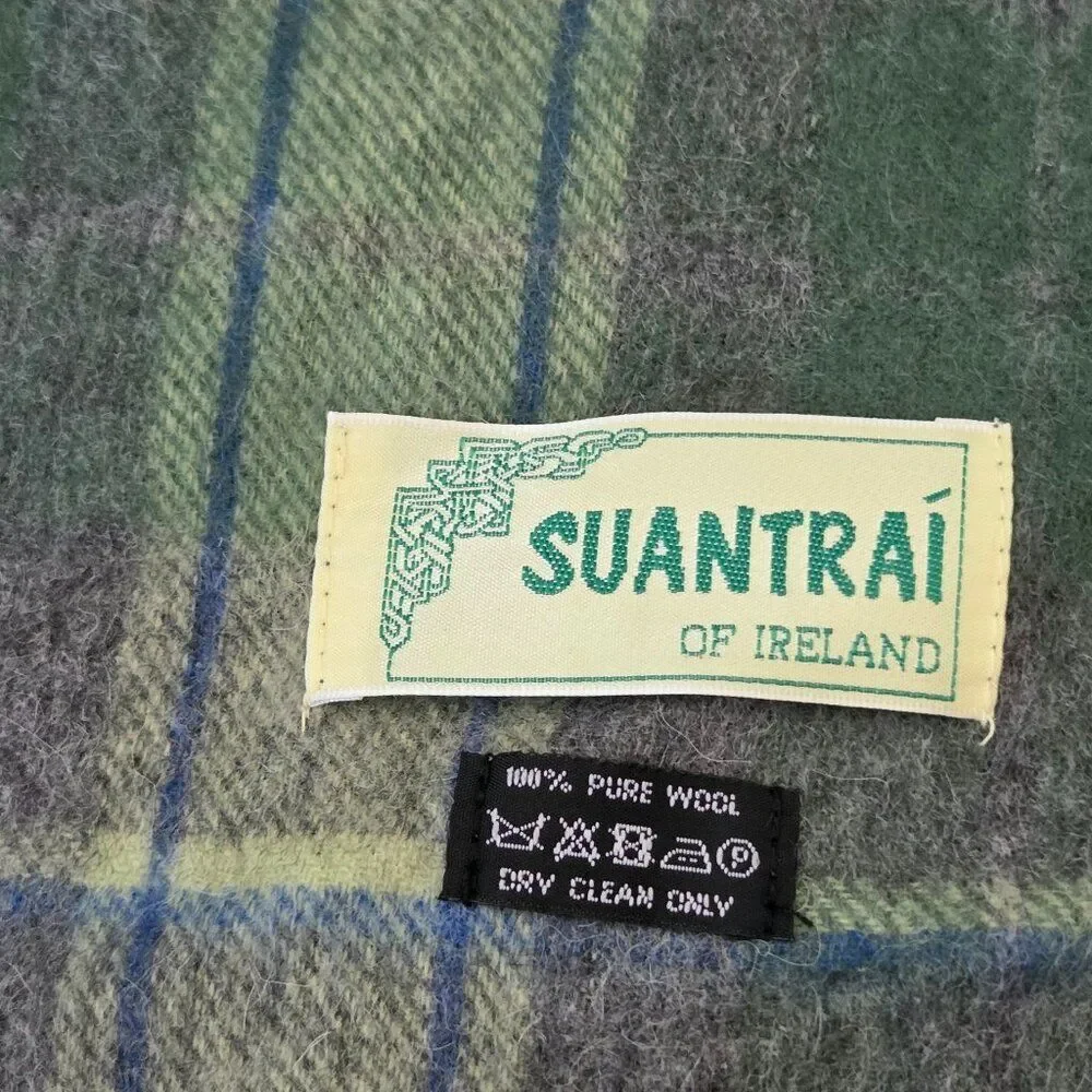 Suantrai of Ireland Scarf 100% Soft Wool Long Green Gray Tartan Plaid Unisex